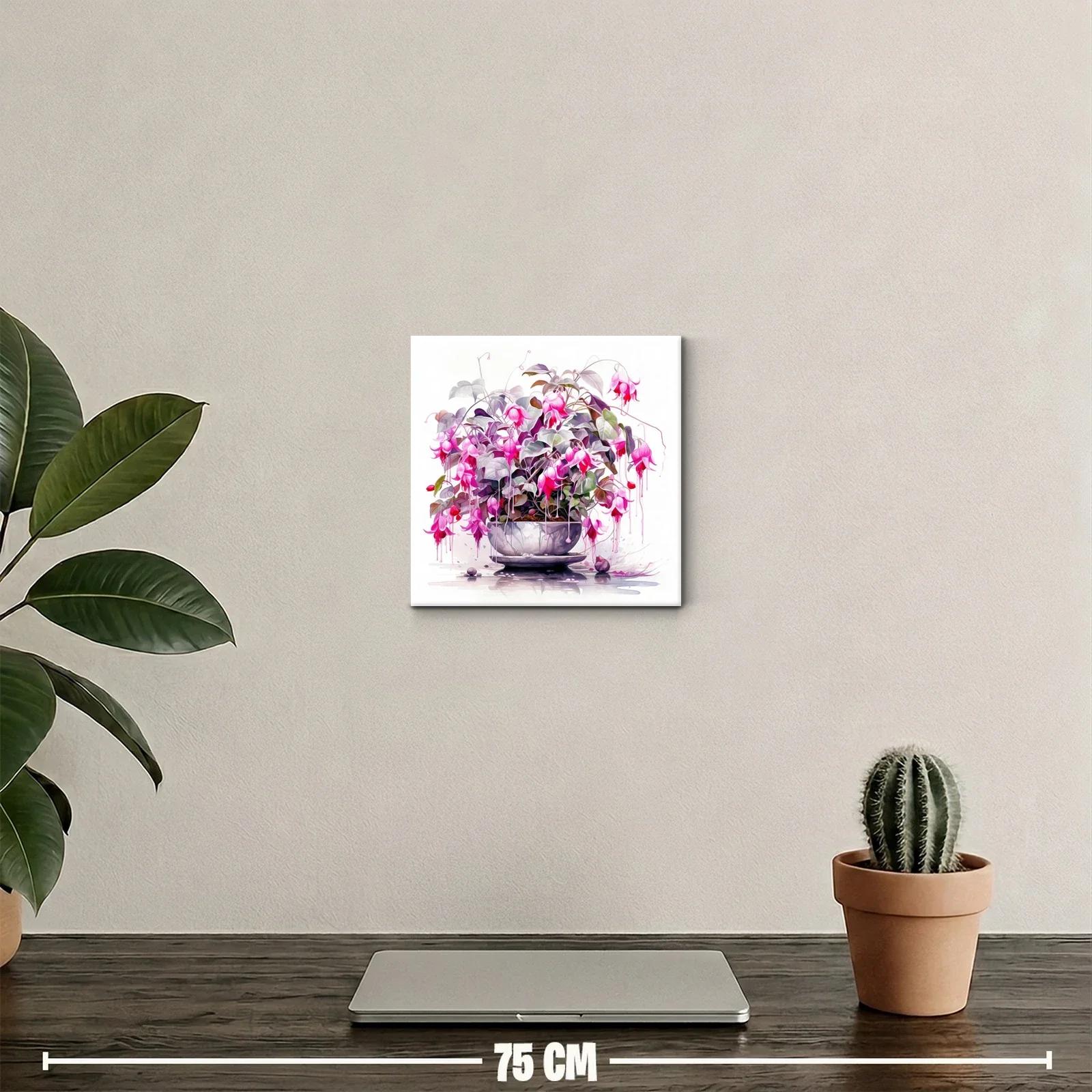 Cuadro decorativo con flores fucsias y hojas grises en maceta — miniatura 2