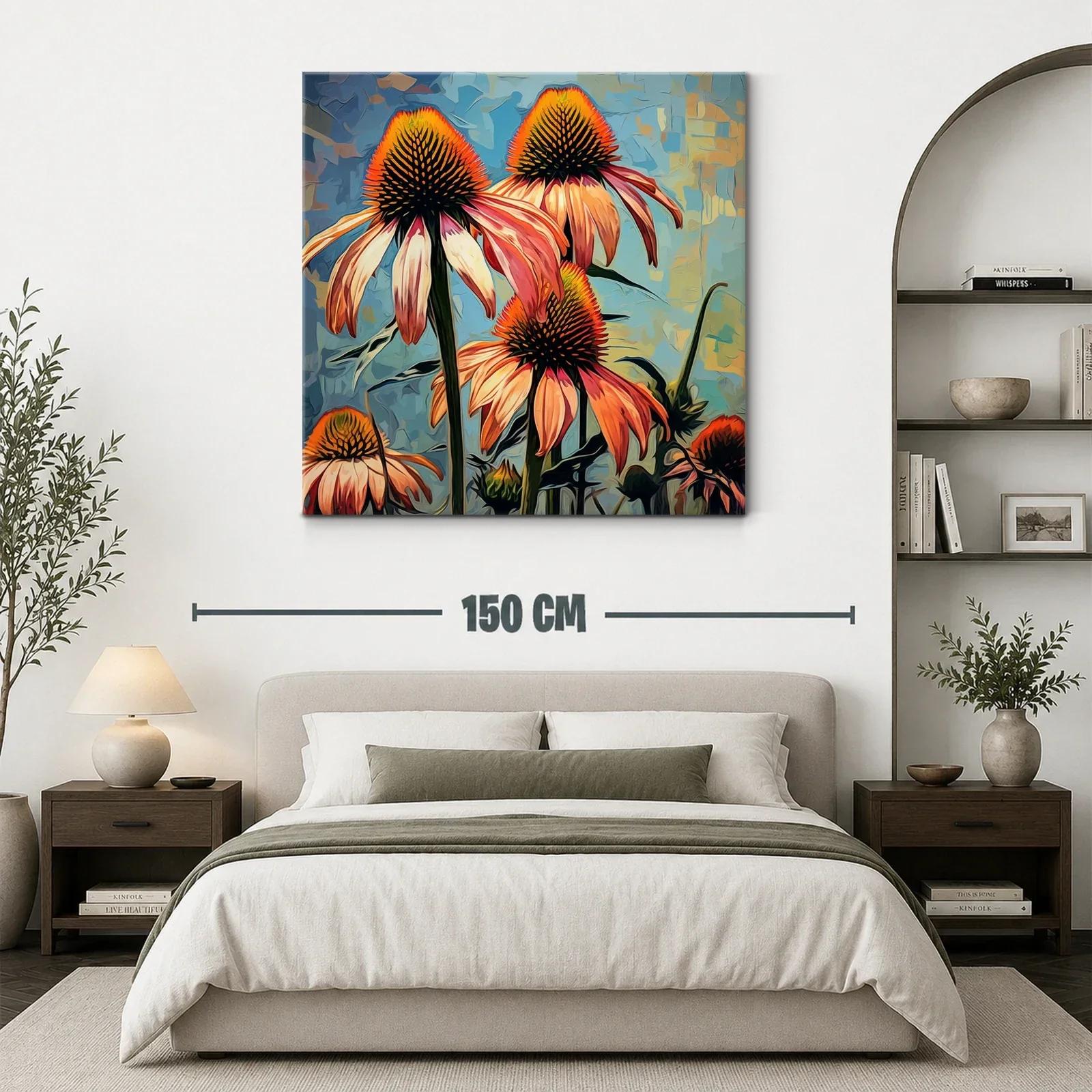 Flores vibrantes con tonos cálidos sobre fondo azul — miniatura 3