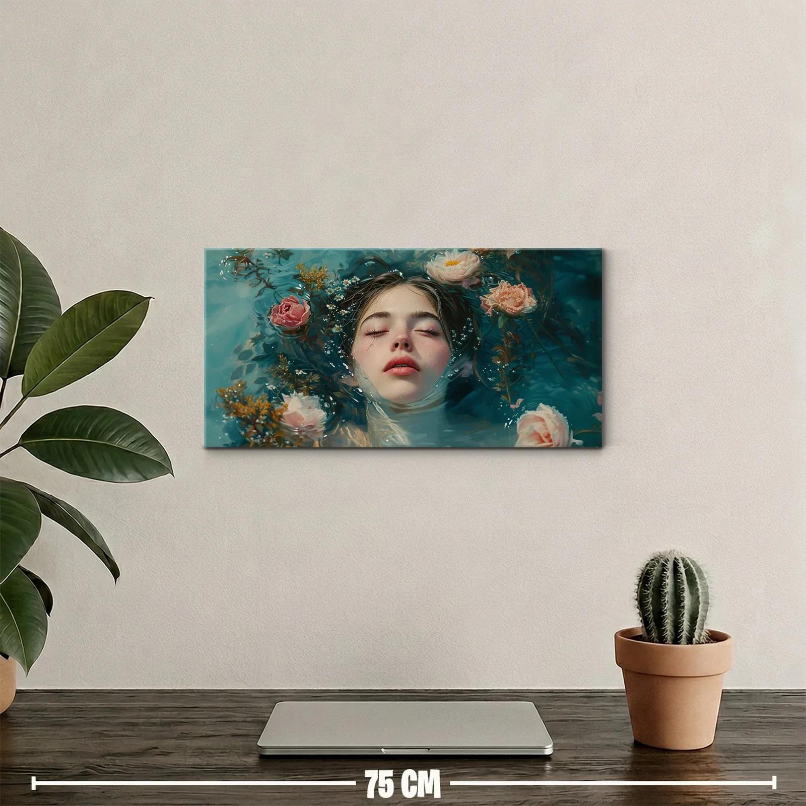 Cuadro mujer joven flotando entre rosas y agua azul verdosa — miniatura 2