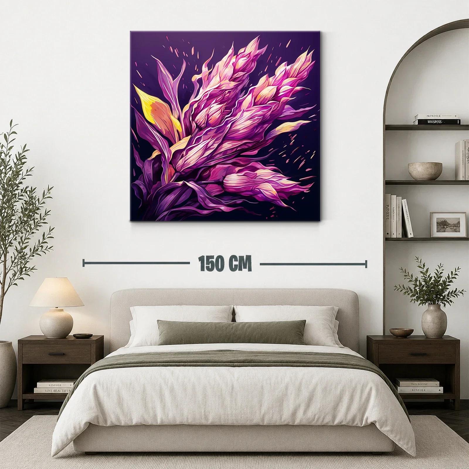 Cuadro floral vibrante con tonos púrpuras y amarillos — miniatura 3