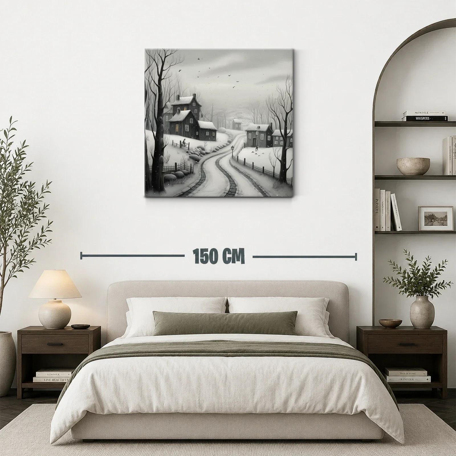 Paisaje invernal con casas y camino nevado en tonos grisáceos — miniatura 3