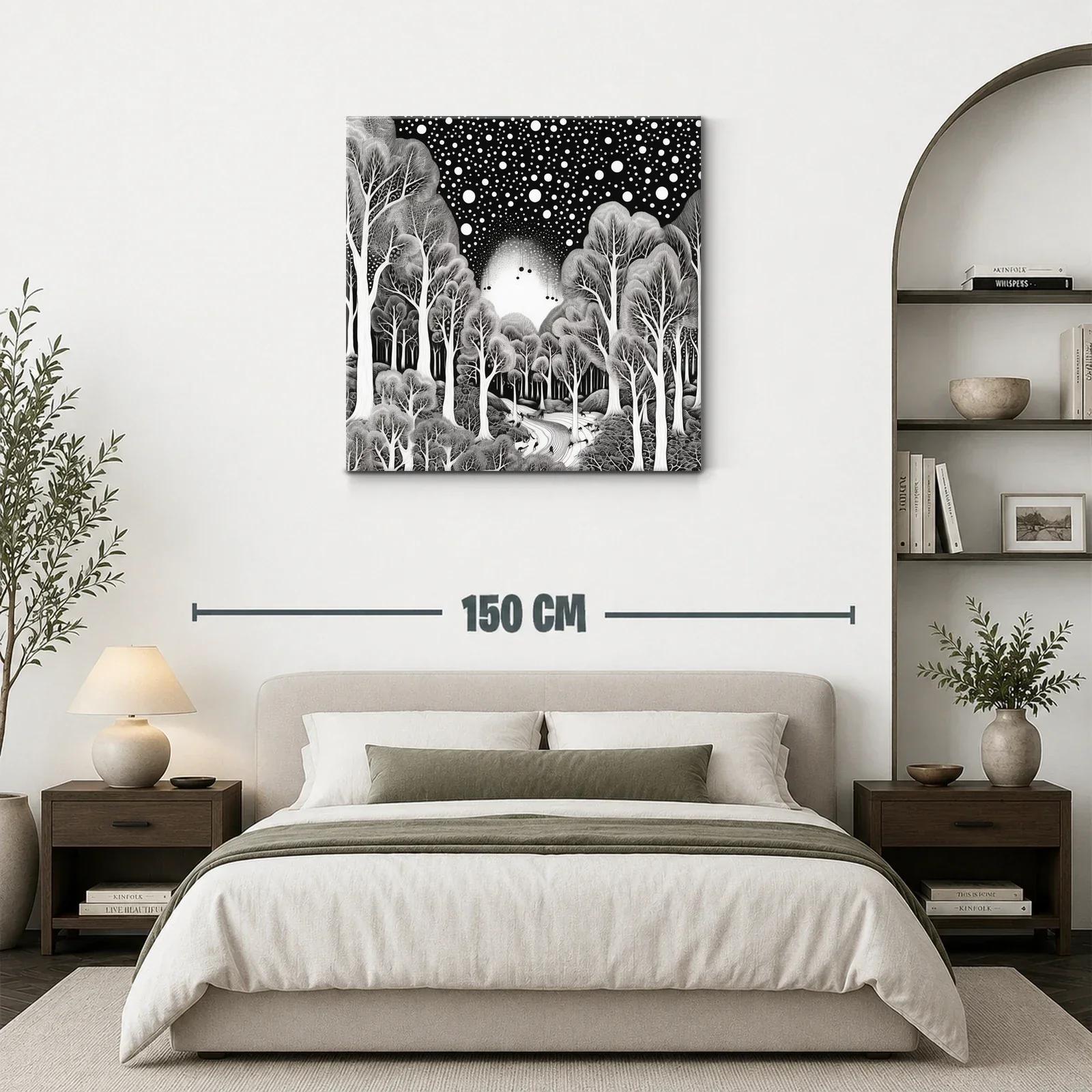 Bosque mágico bajo un cielo estrellado en blanco y negro — miniatura 3