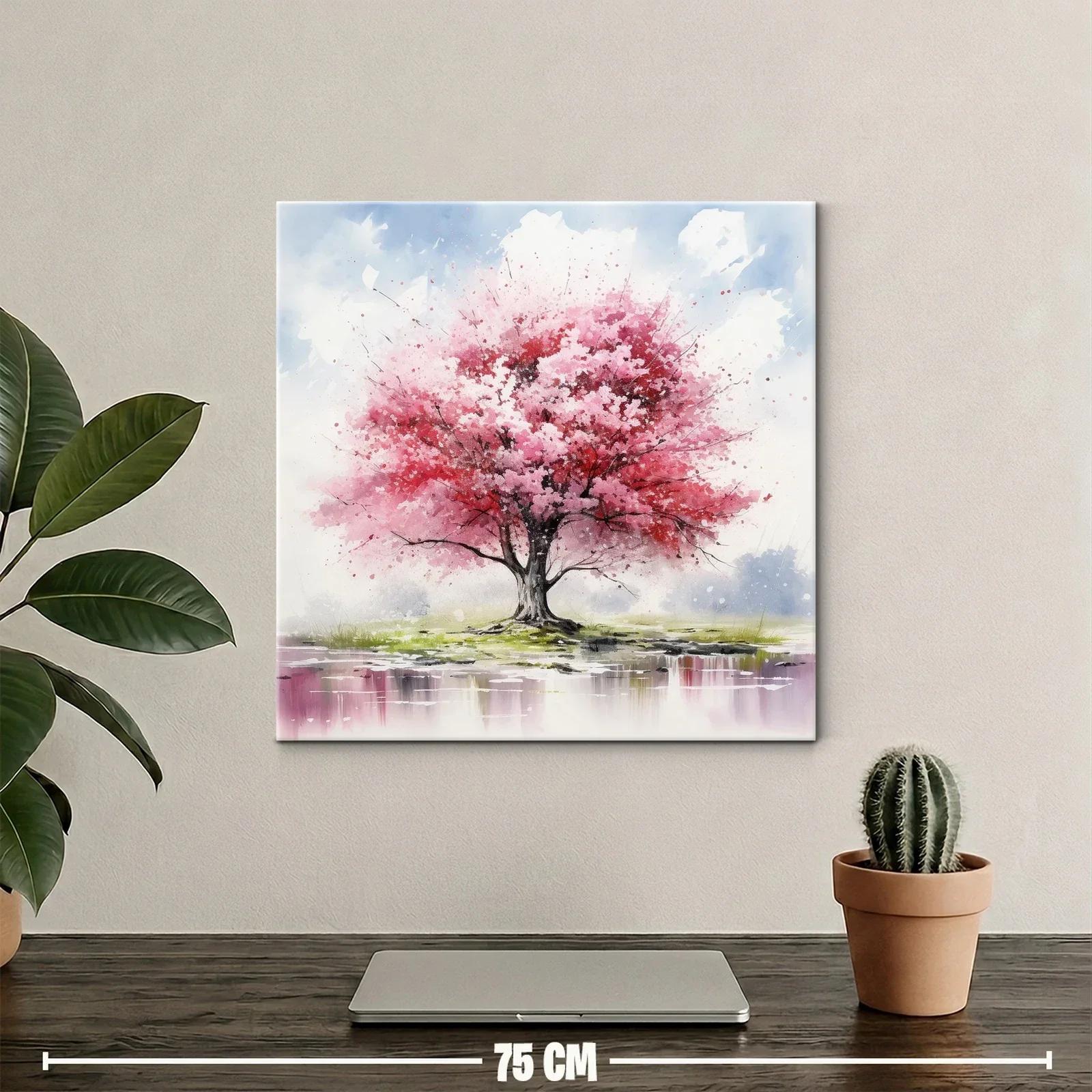 Árbol en flor con tonos rosas y paisaje sereno — miniatura 2