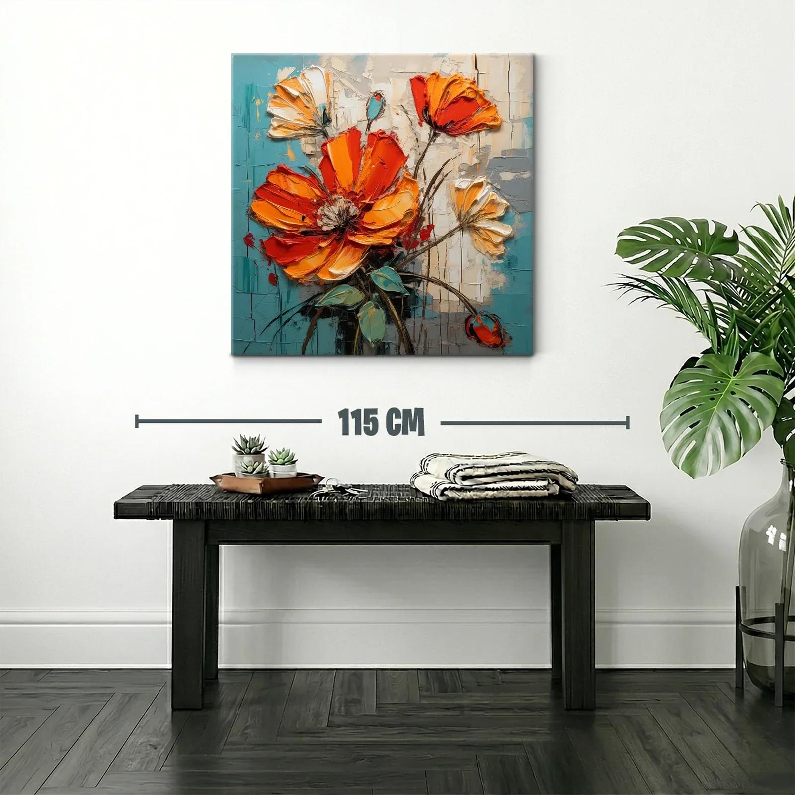 Cuadro floral con vibrantes tonos naranja y turquesa — miniatura 2