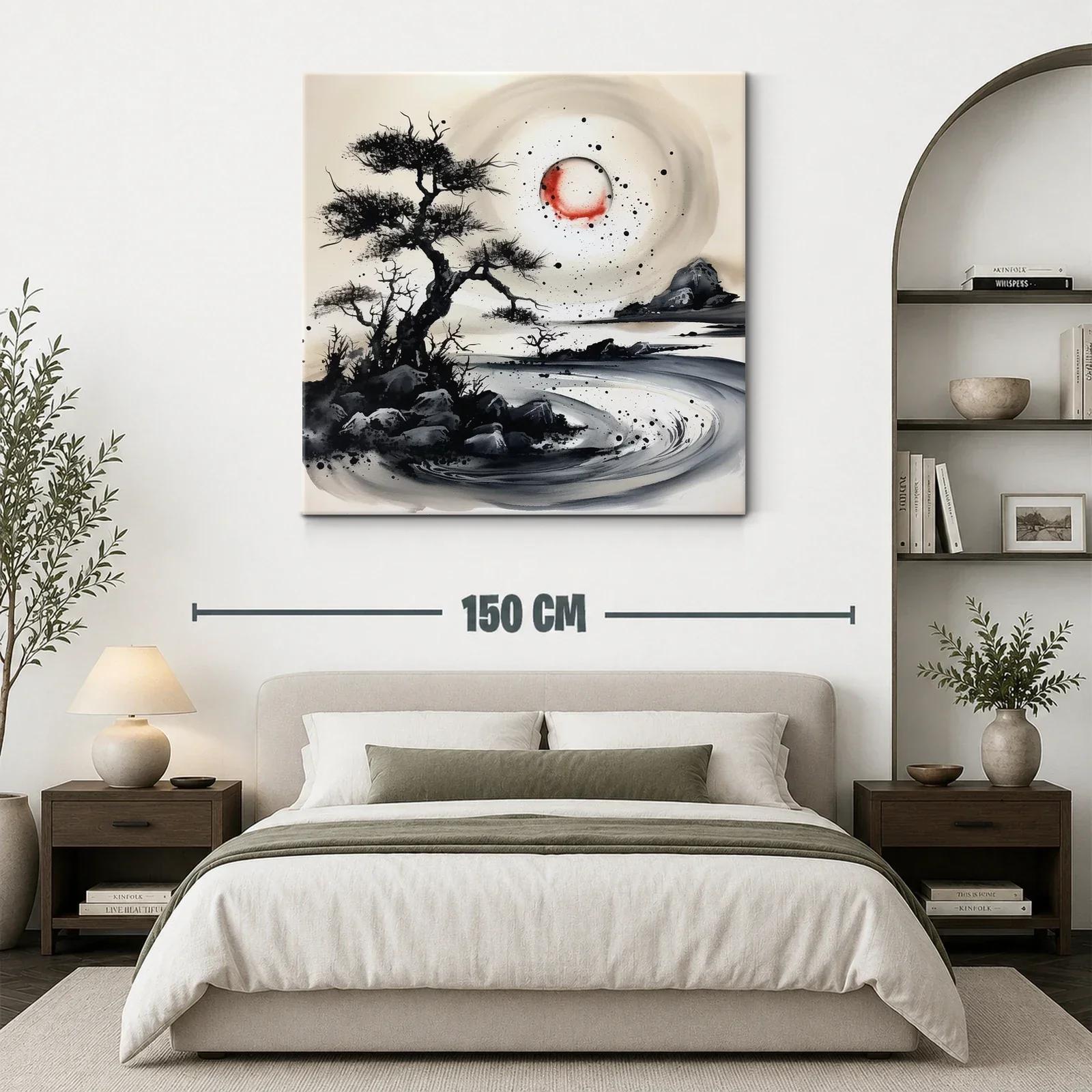Paisaje onírico con árboles y luna roja en tinta china — miniatura 3