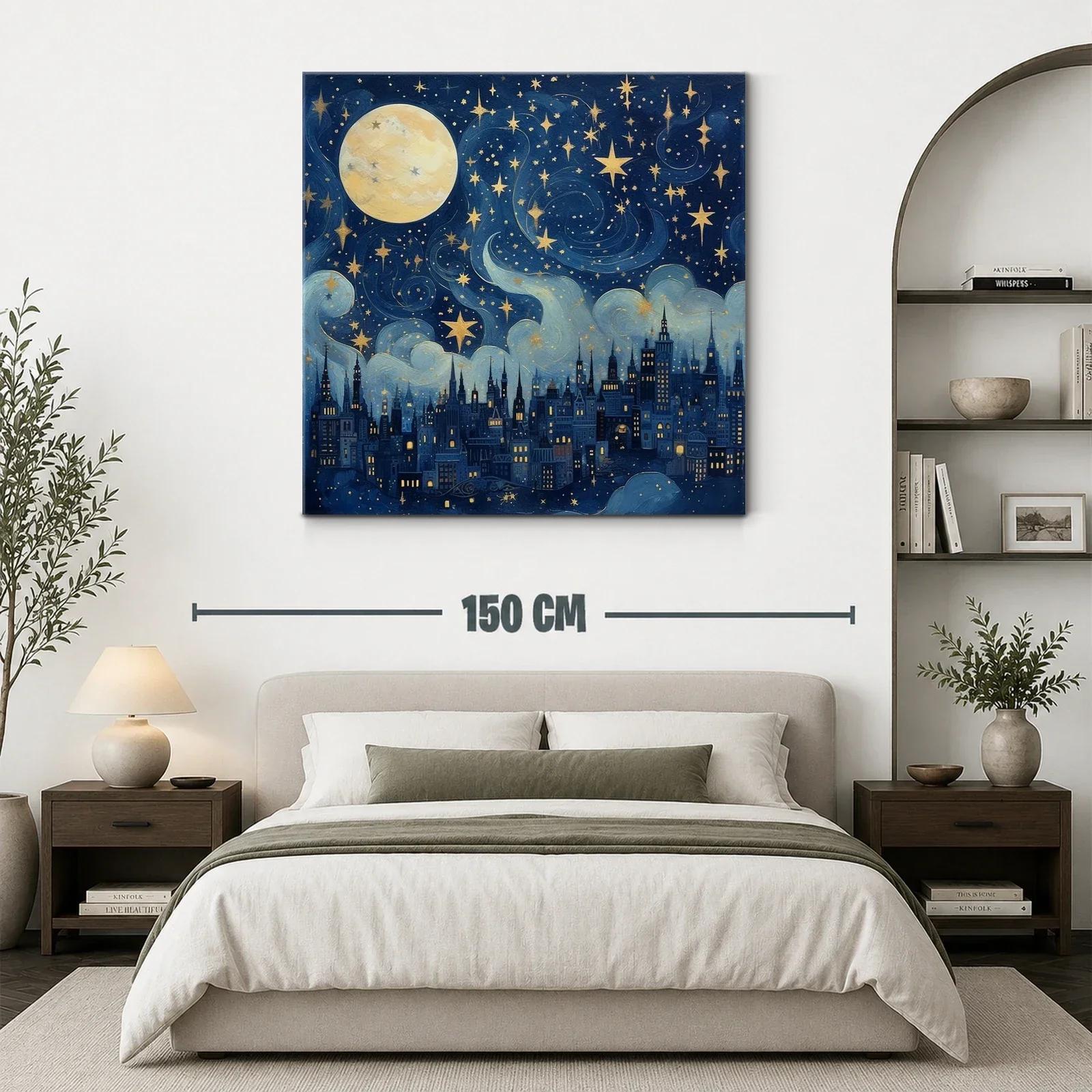 Ciudad nocturna bajo un cielo estrellado con luna llena — miniatura 3