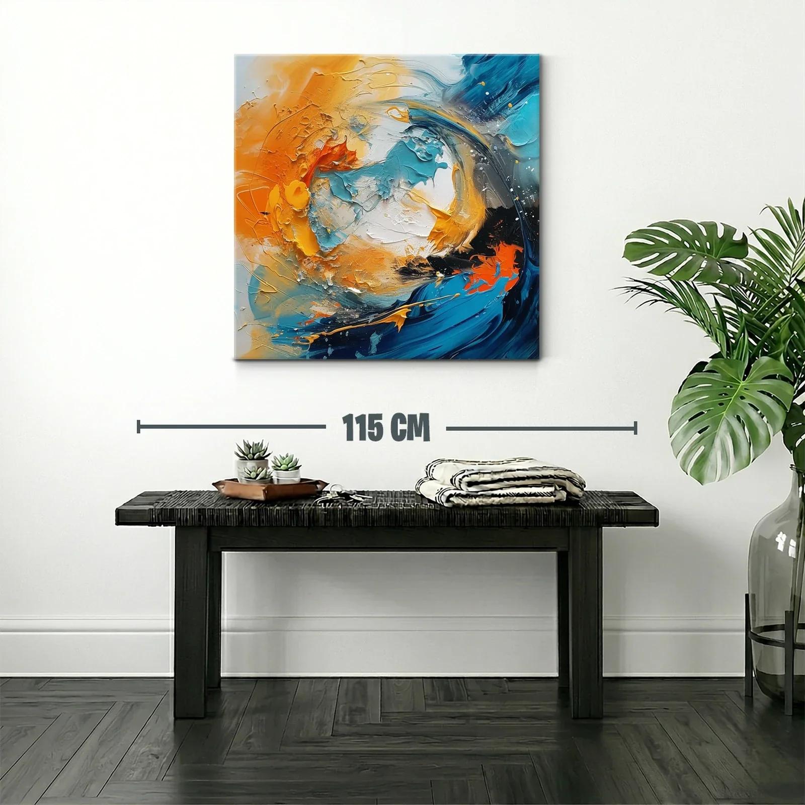 Cuadro abstracto en tonos turquesa y naranja vibrante — miniatura 2