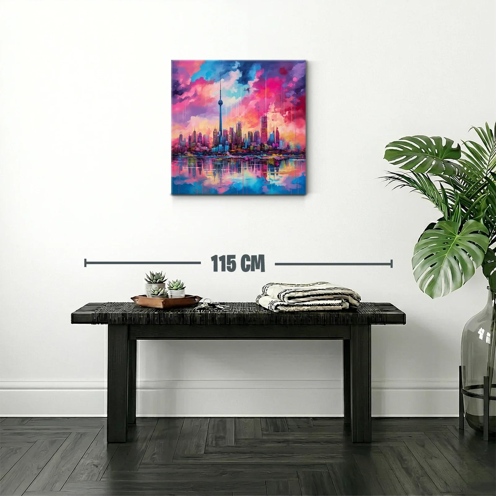 Atardecer vibrante sobre ciudad moderna y reflejos en agua — miniatura 2