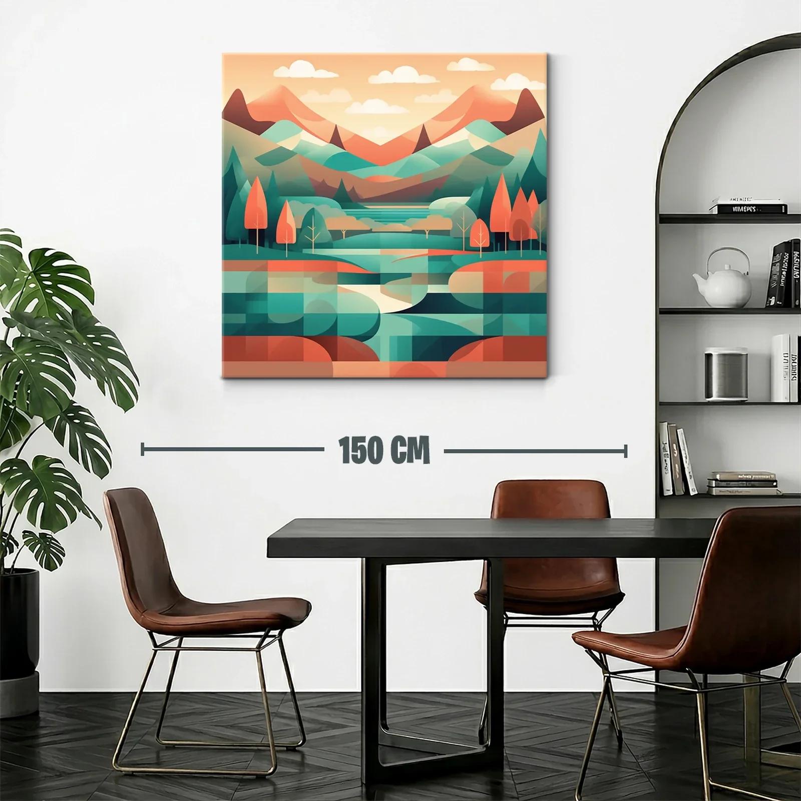 Paisaje geométrico con montañas y árboles en tonos cálidos — miniatura 2