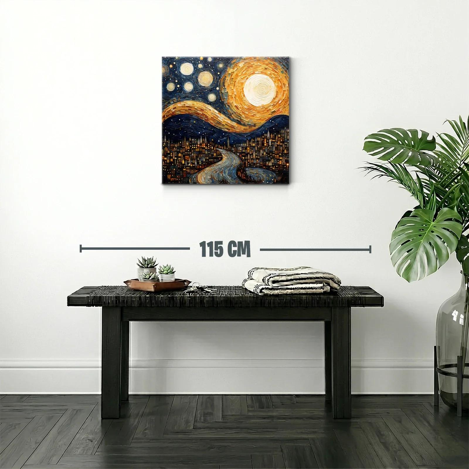 Paisaje nocturno con luna y estrellas sobre ciudad iluminada — miniatura 2