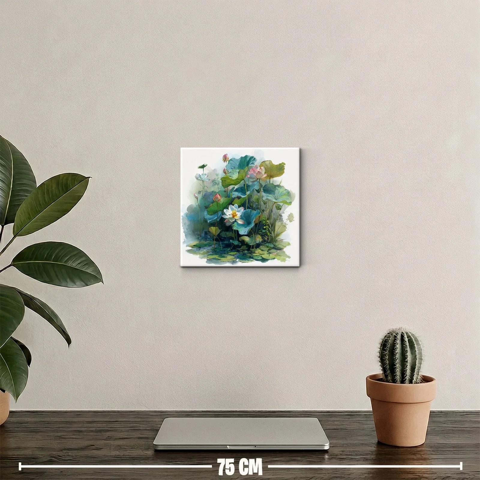 Cuadro decorativo con delicadas flores de loto y hojas verdes — miniatura 2
