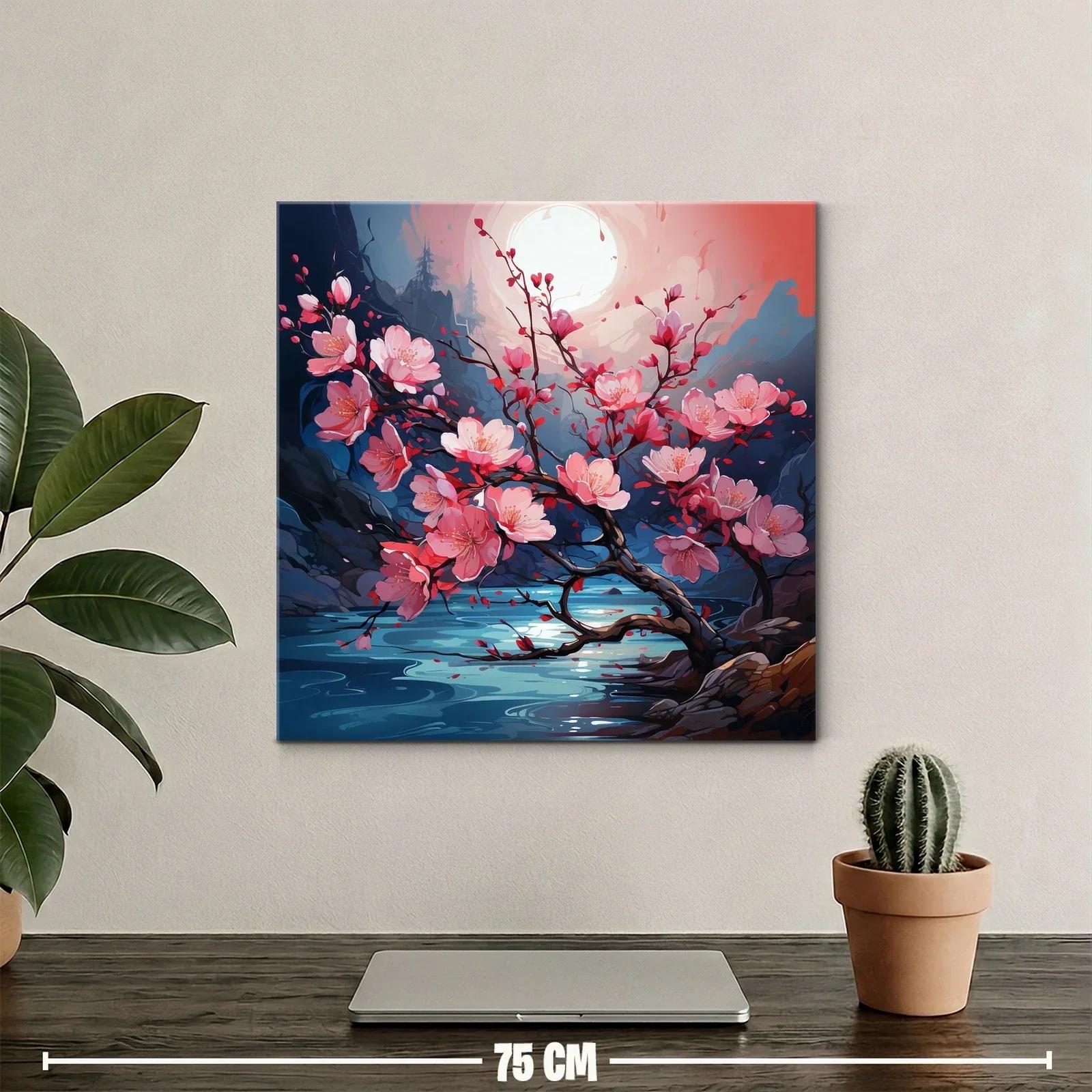 Rama de flores rosas bajo la luna en paisaje sereno — miniatura 2