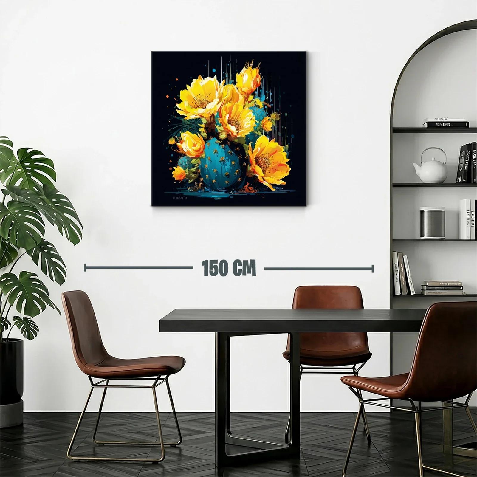 Cuadro moderno con flores amarillas y cactus azul vibrante — miniatura 2