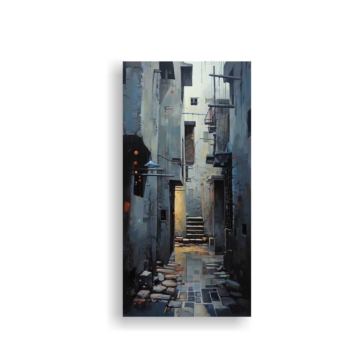 Cuadro callejón urbano estrecho con adoquines y luces cálidas