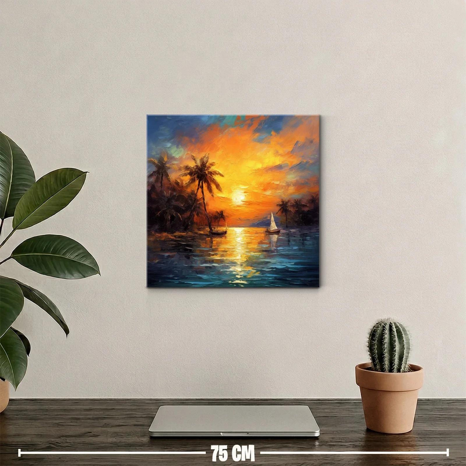 Atardecer tropical con palmeras y barco de vela sobre el mar — miniatura 2