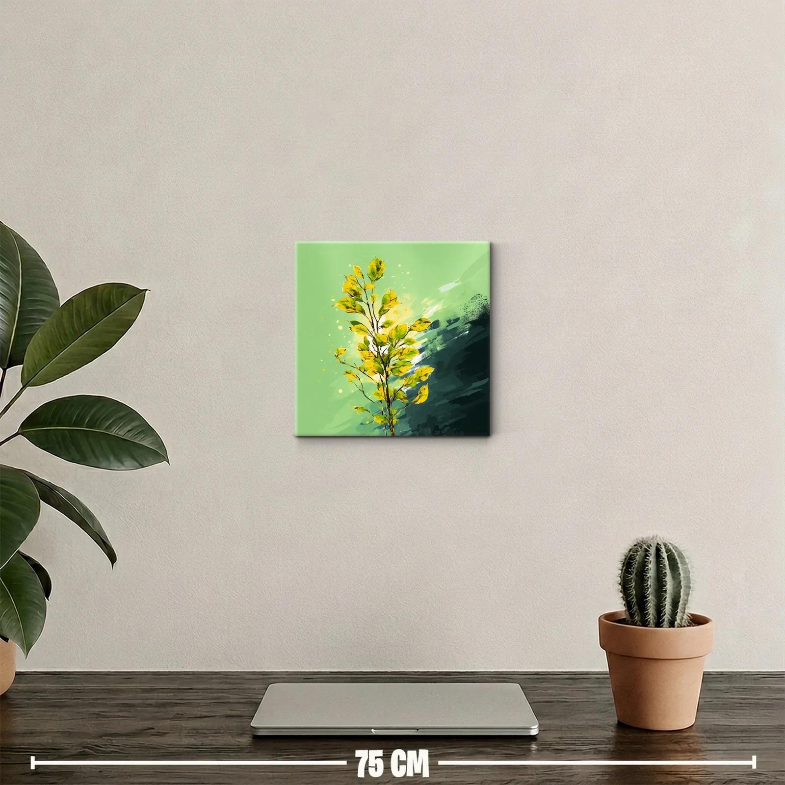 Cuadro de rama con hojas amarillas sobre fondo verde — miniatura 2