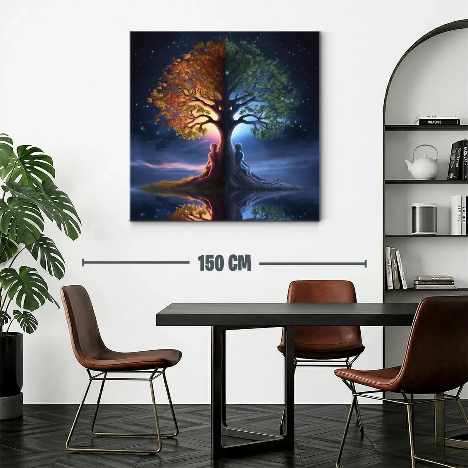 Cuadro árbol dual con figuras humanas y contraste día noche — miniatura 2