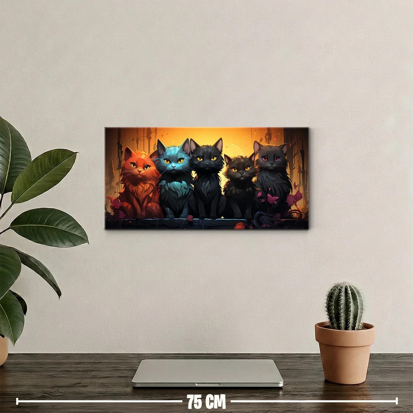 Cuadro cinco gatos con ramas secas y fondo dorado — miniatura 2
