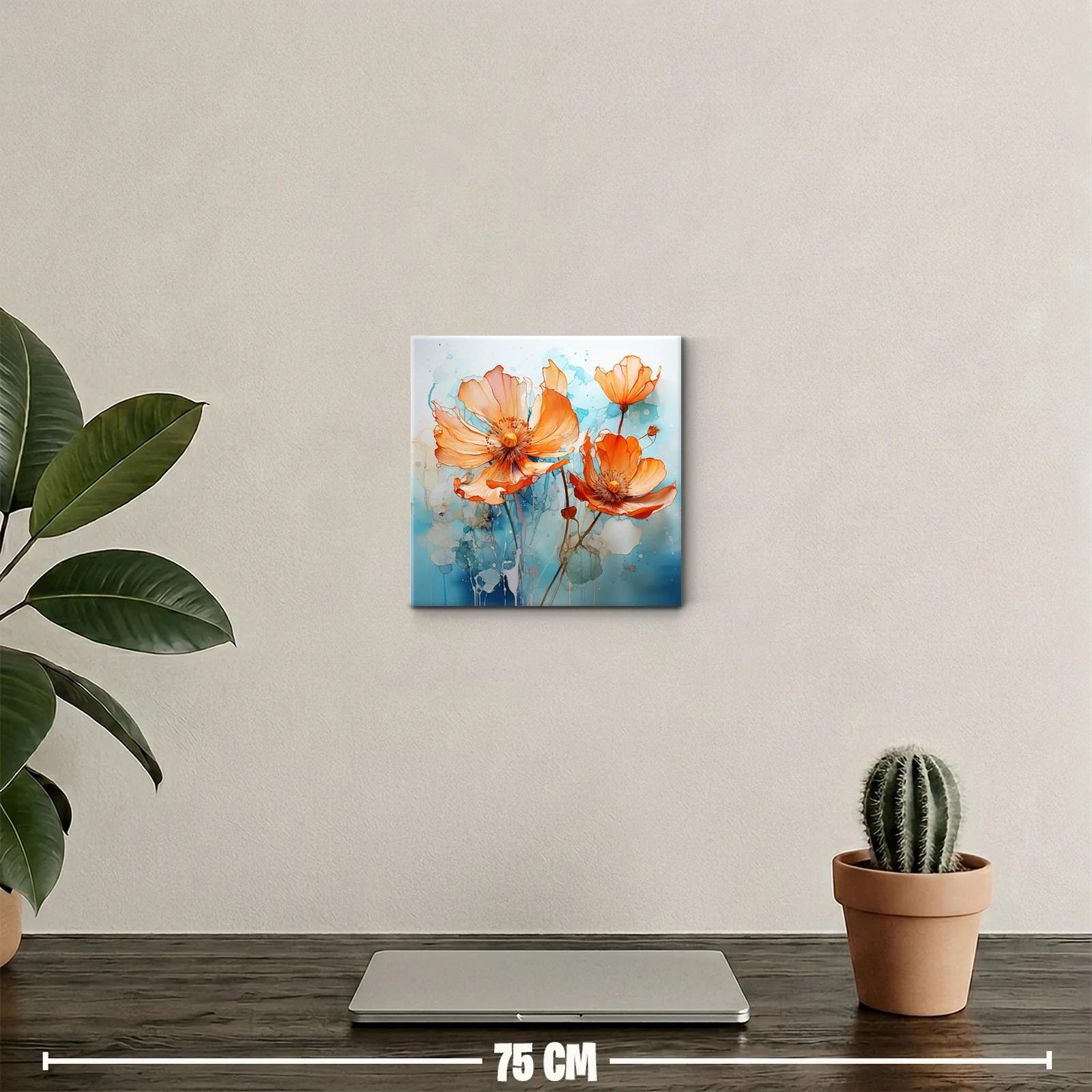 Cuadro decorativo flores naranjas sobre fondo azul claro — miniatura 2