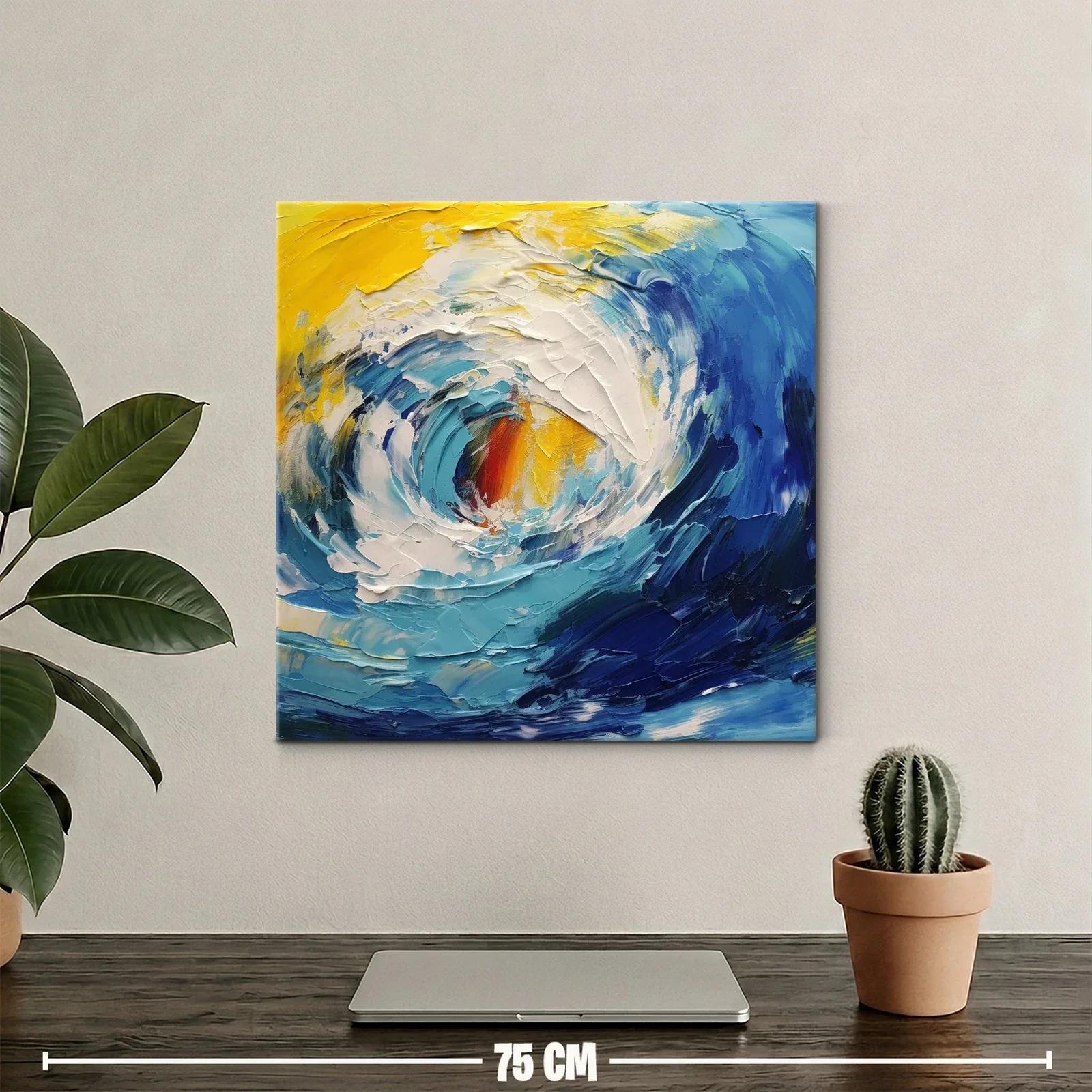 Cuadro abstracto de oleaje dinámico en tonos azul y amarillo — miniatura 2