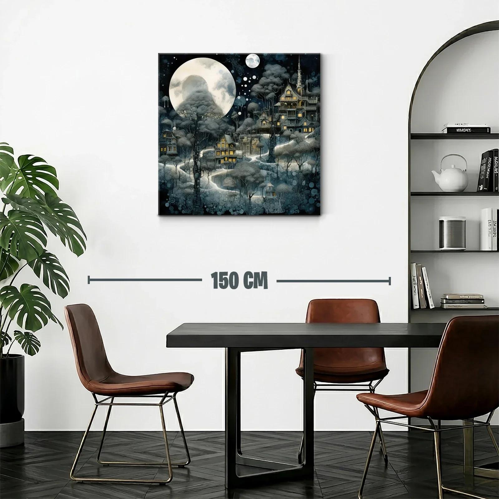 Pueblo encantado bajo la luna llena y árboles del bosque — miniatura 2