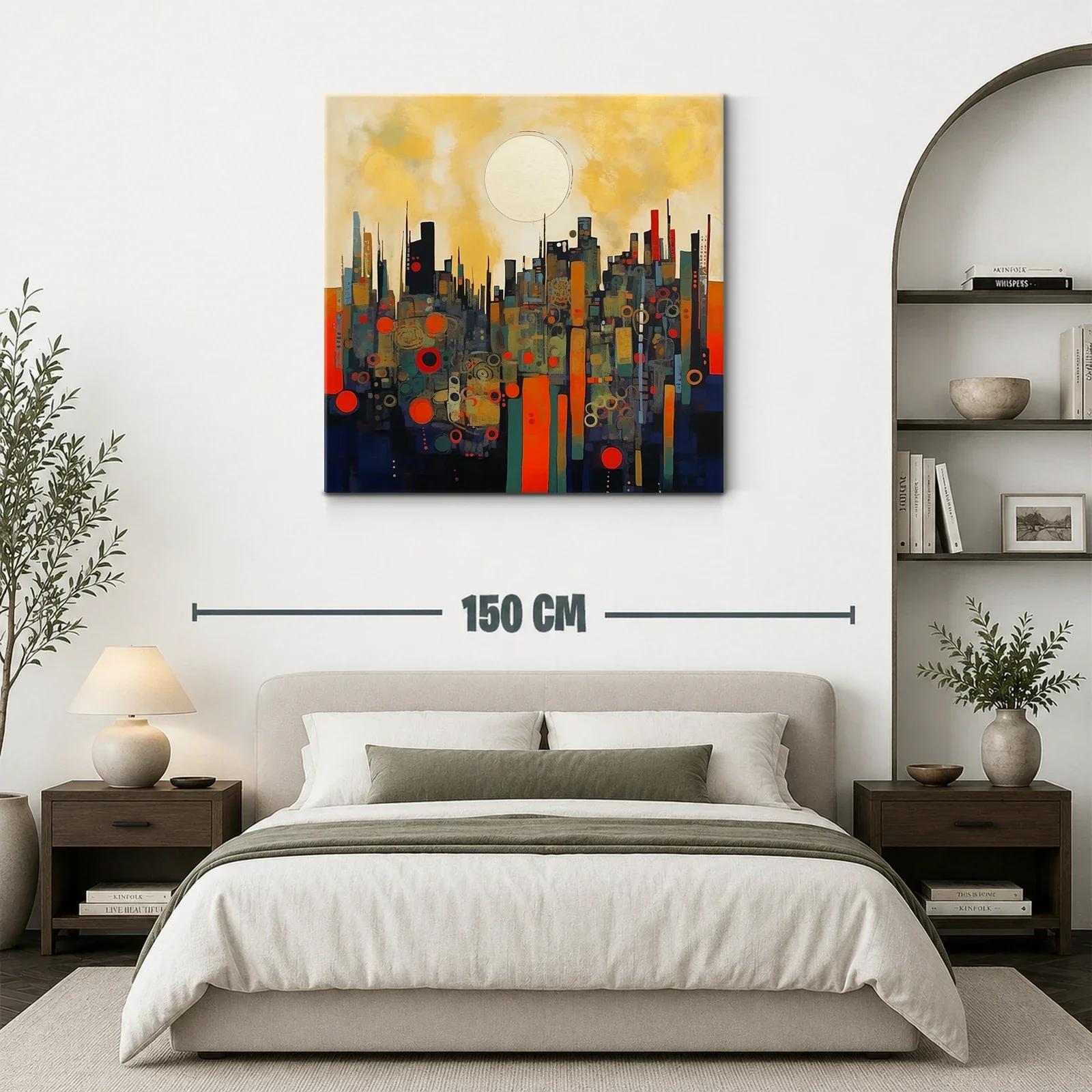 Cuadro abstracto paisaje urbano con círculo dorado — miniatura 3