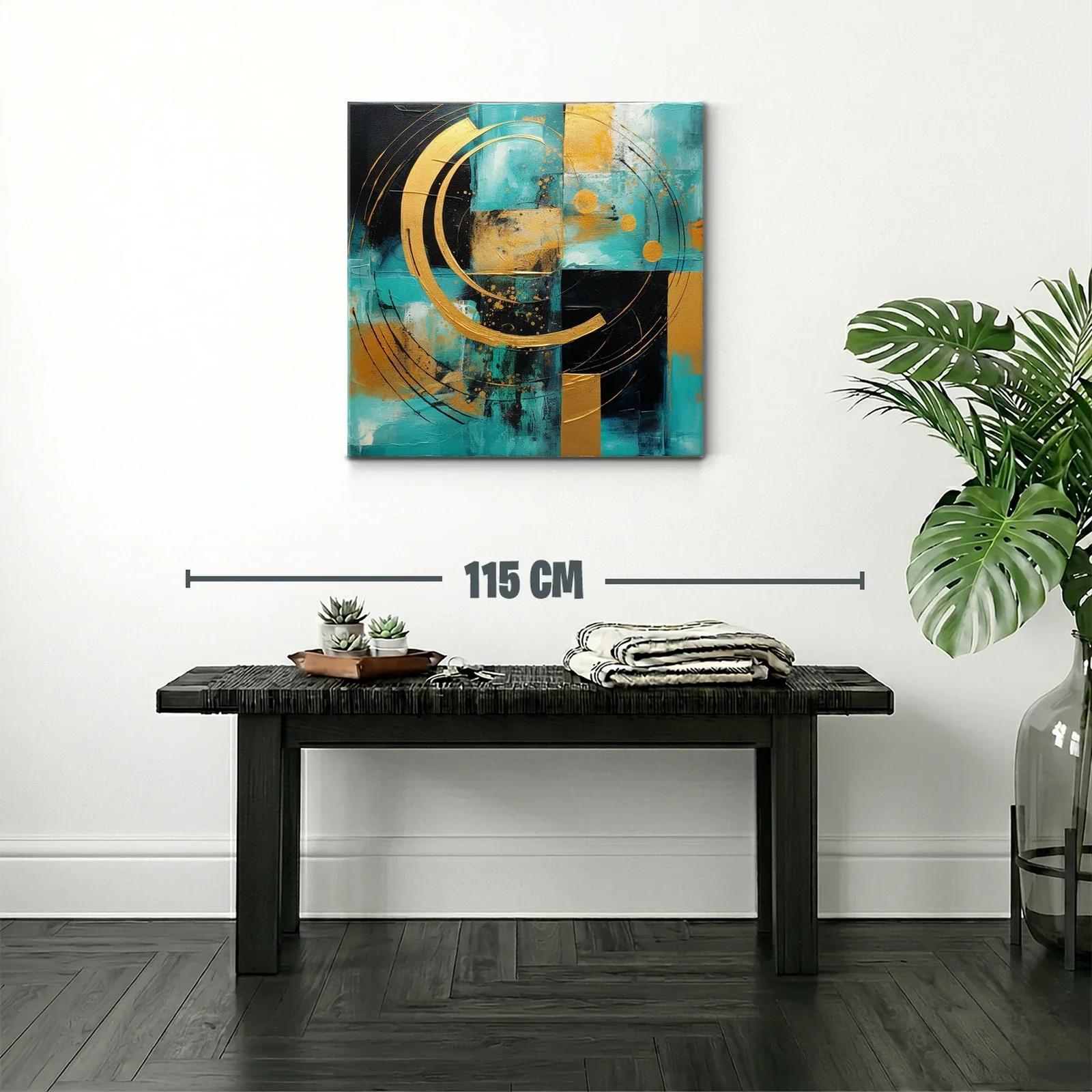 Cuadro abstracto con círculos dorados sobre fondo turquesa y negro — miniatura 2