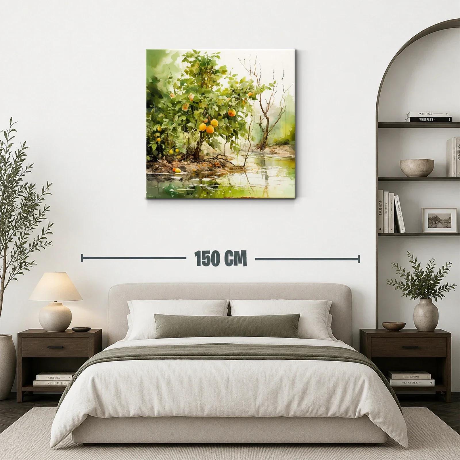 Cuadro paisaje natural con árboles y frutos en tonos verdes y naranjas — miniatura 3