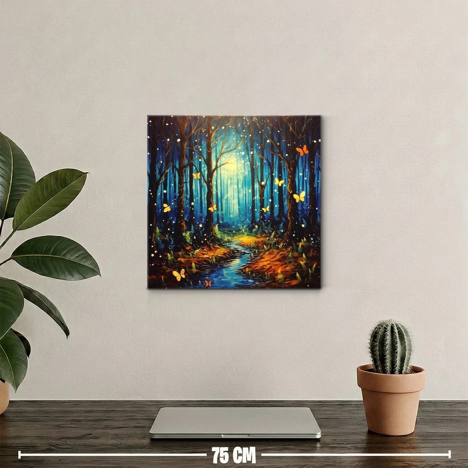Bosque encantado con mariposas iluminadas y sendero azul — miniatura 2