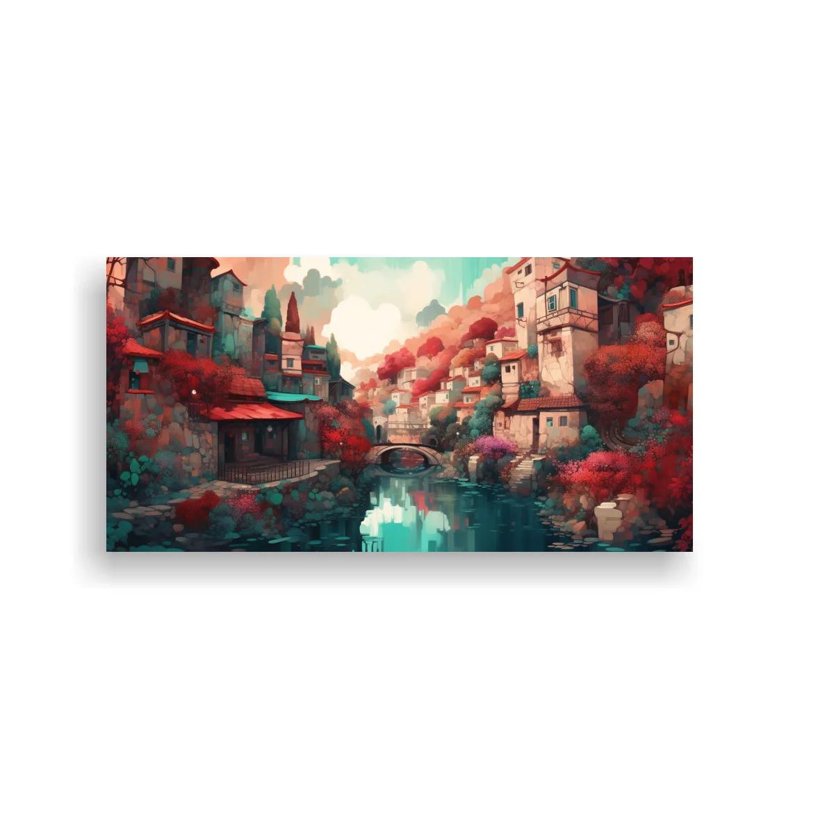 Cuadro pueblo junto a un canal con puente arqueado — imagen principal