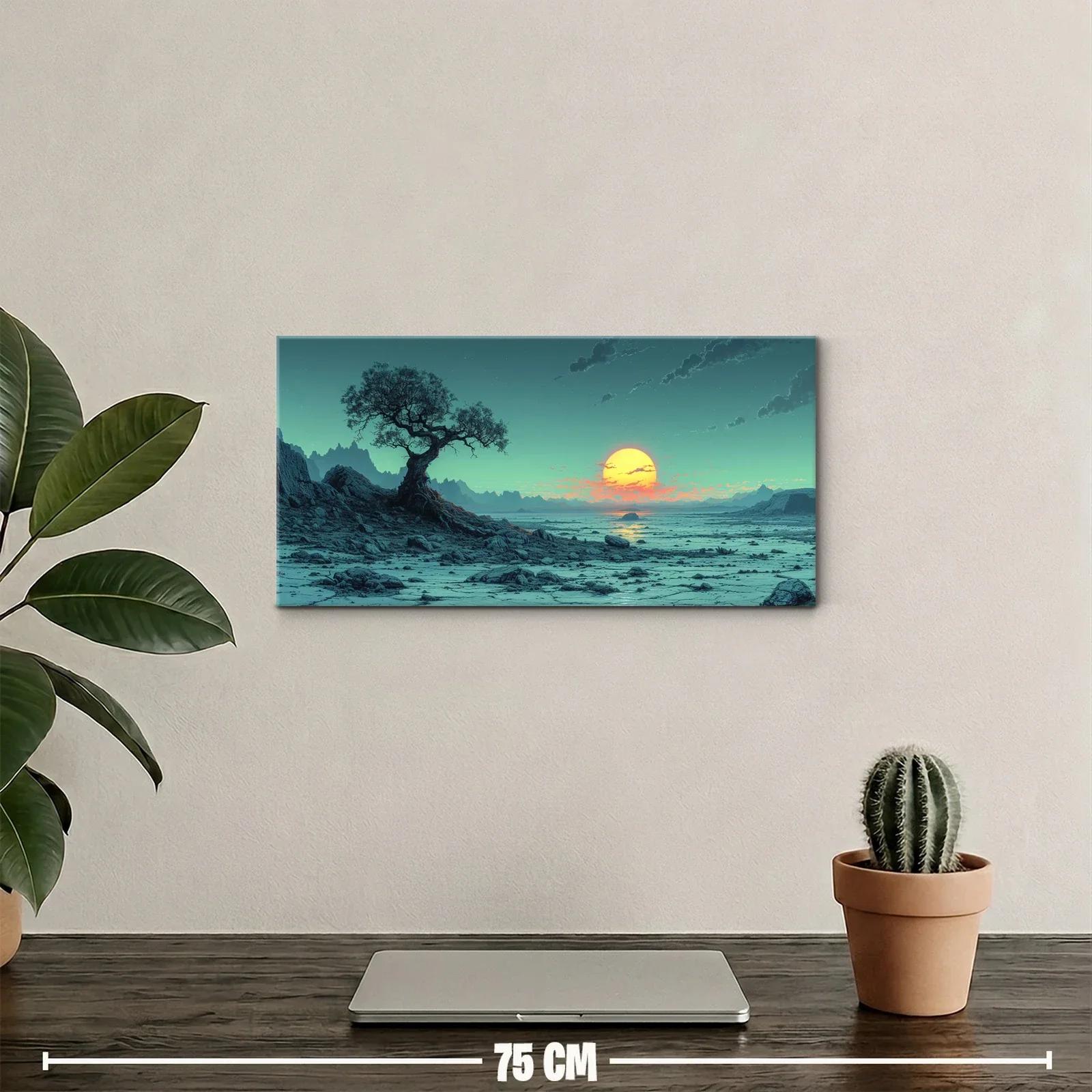 Cuadro árbol solitario con sol poniente y orilla húmeda — miniatura 2