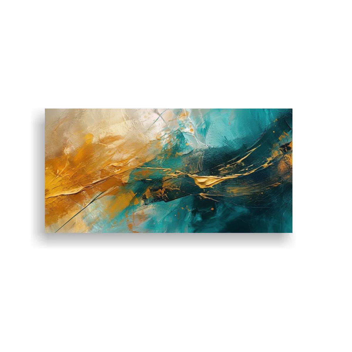 Cuadro abstracción en turquesa y dorado con textura espesa — imagen principal