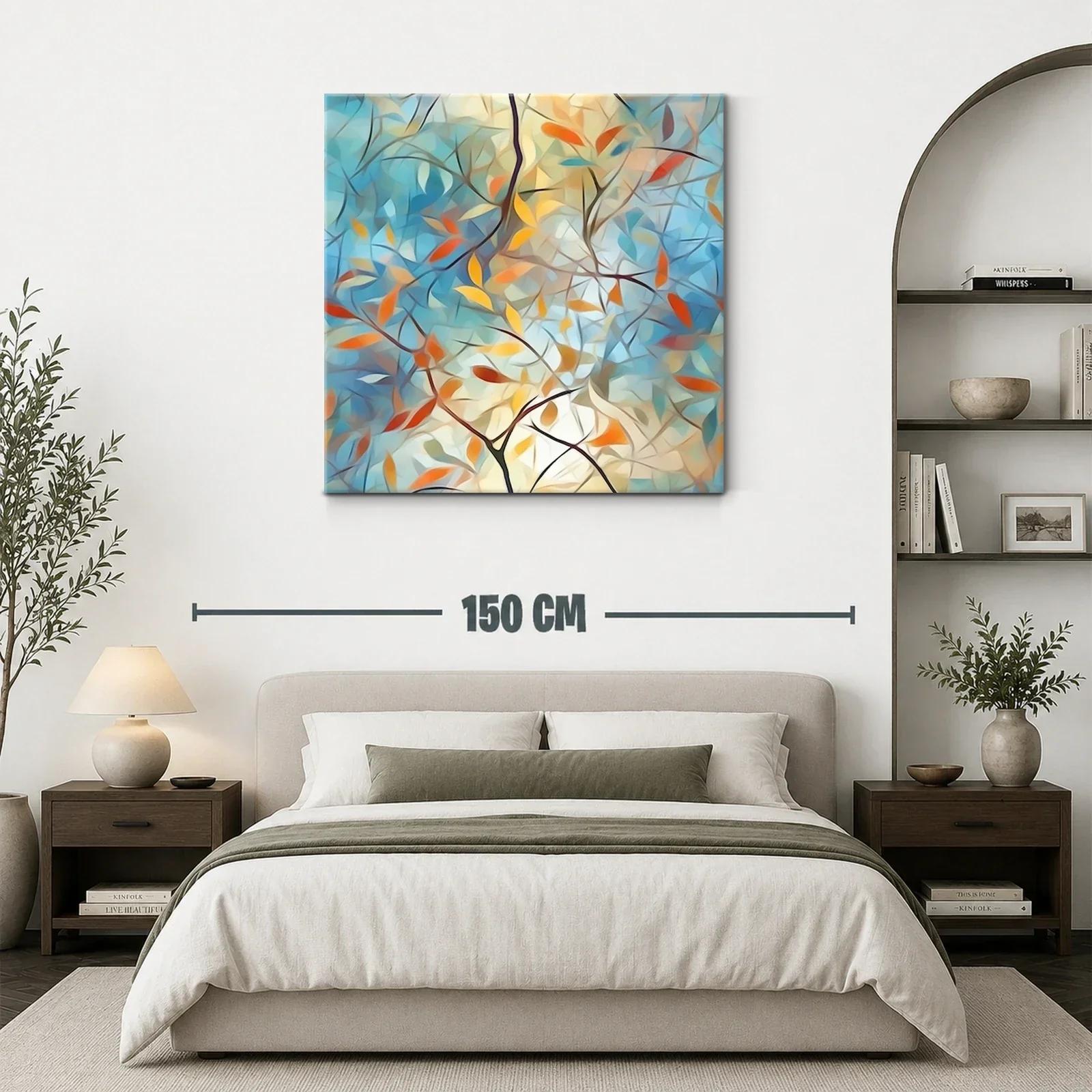Cuadro abstracto con ramas y hojas en tonos cálidos y azules — miniatura 3