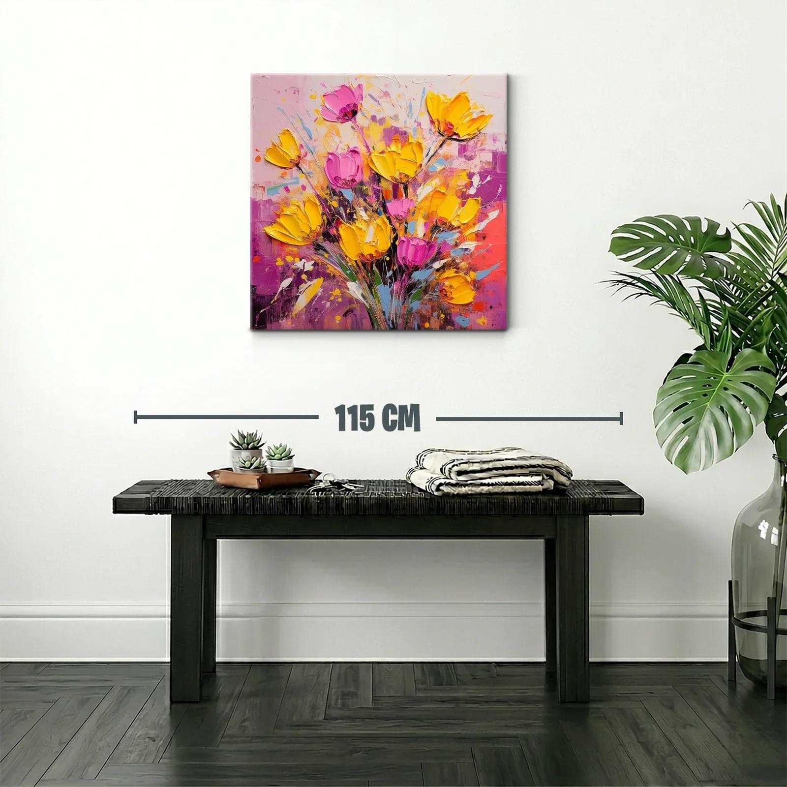 Cuadro floral vibrante con tonos amarillos y rosas intensos — miniatura 2