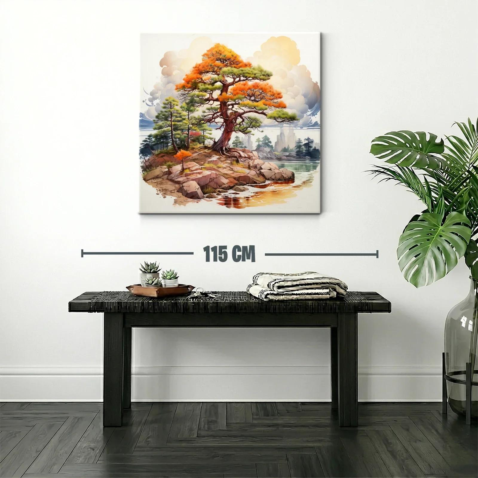 Paisaje con árbol en tonos cálidos junto al agua y rocas — miniatura 2