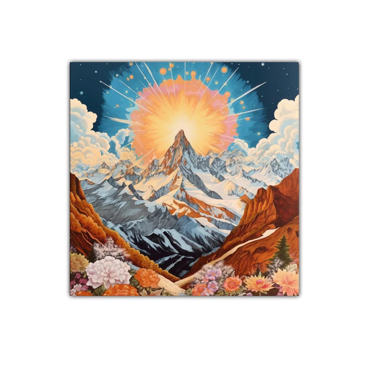 Montaña majestuosa con sol radiante y flores vibrantes