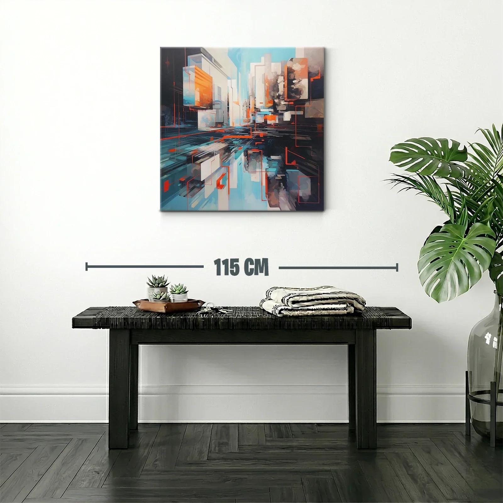 Cuadro abstracto urbano en tonos azules y naranjas vibrantes — miniatura 2
