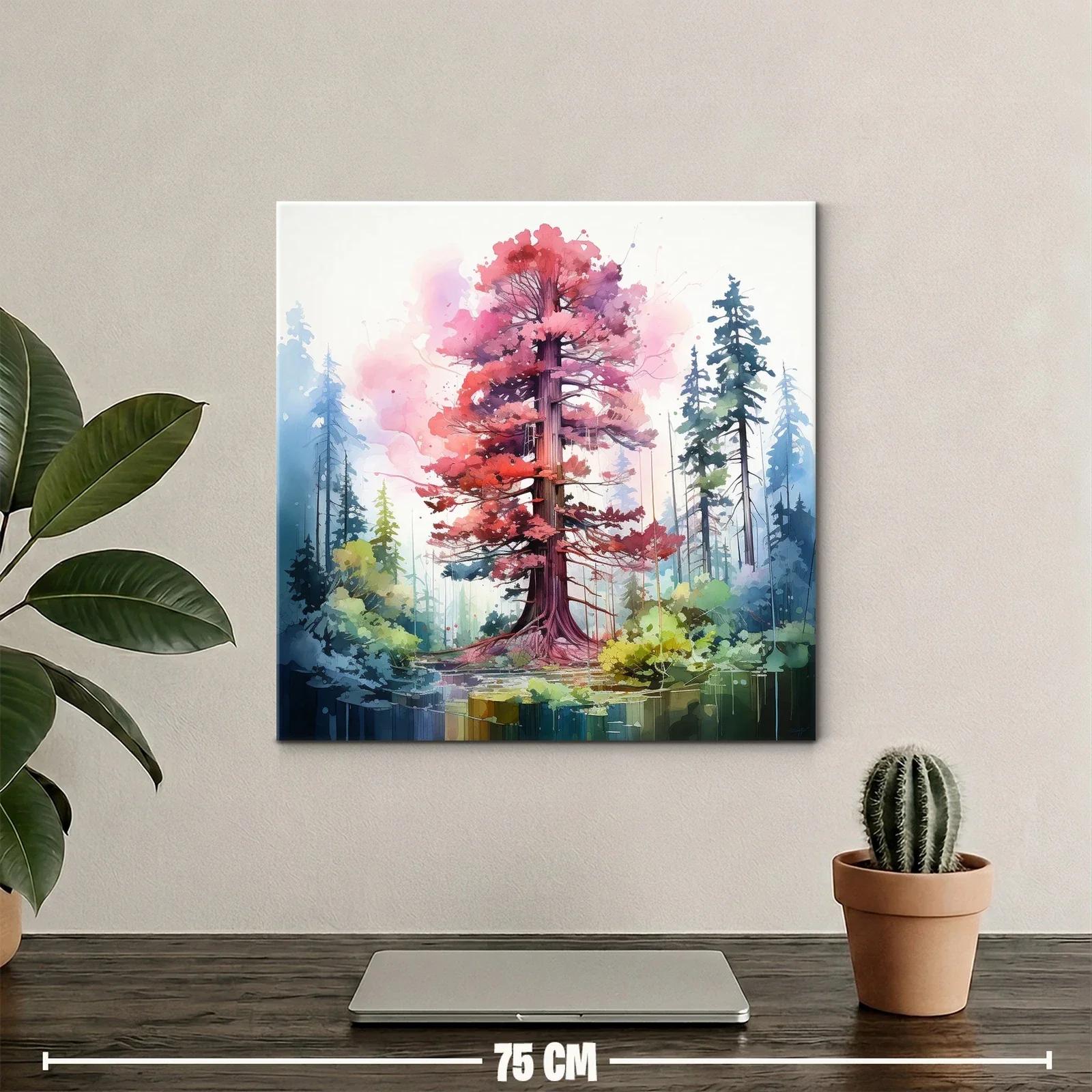 Árbol rojo vibrante en bosque estilizado y sereno — miniatura 2