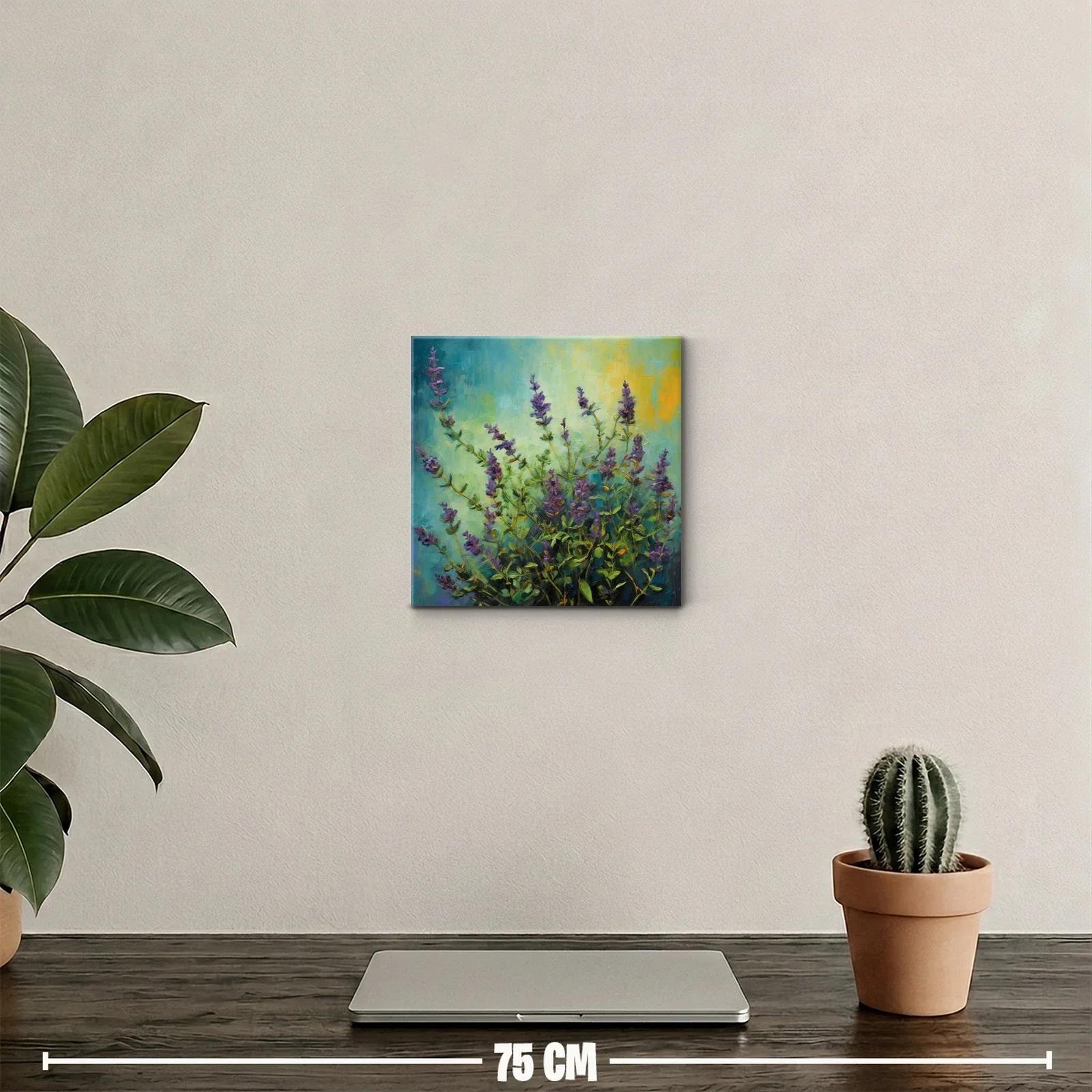 Cuadro decorativo con flores moradas y fondo azul verde — miniatura 2