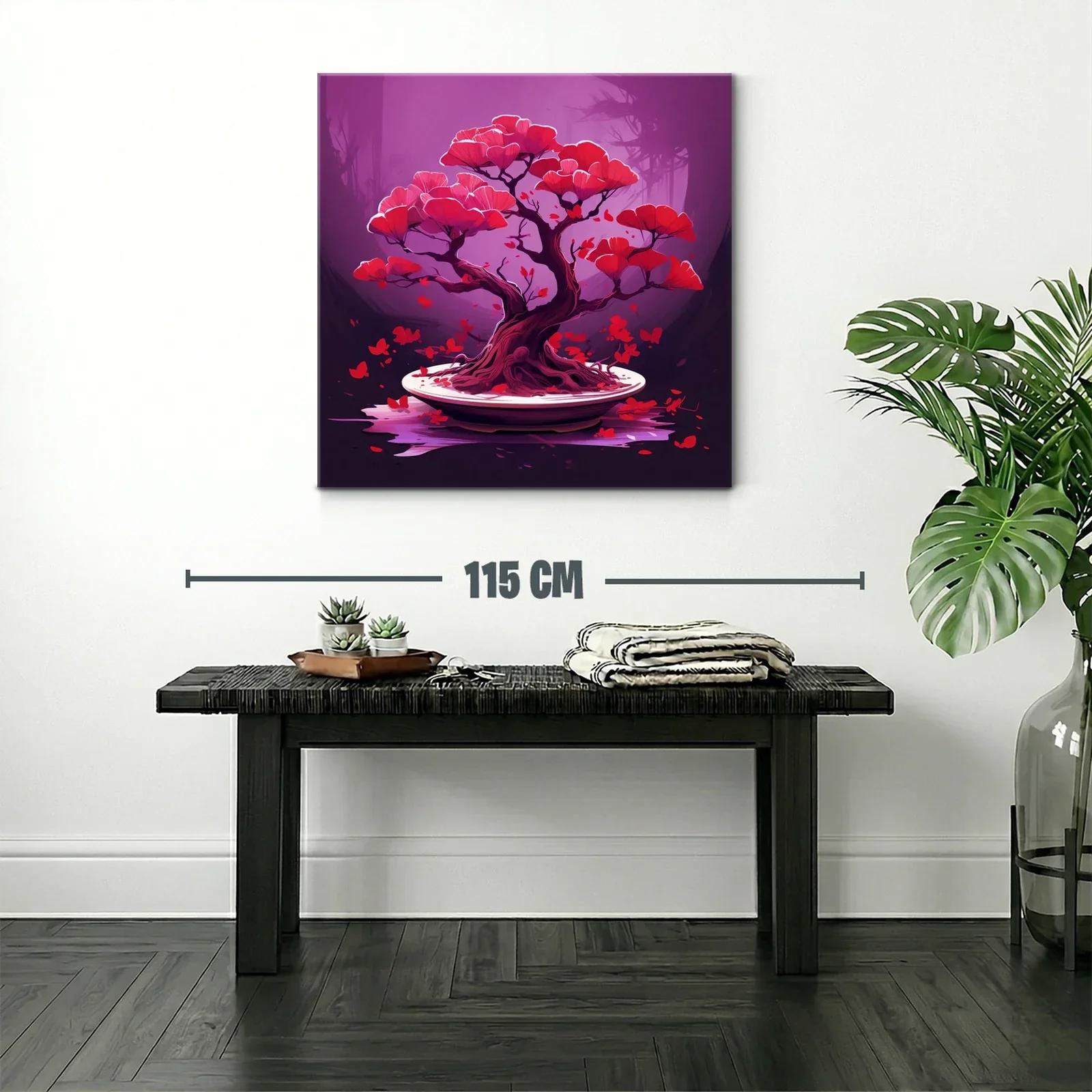 Árbol bonsái con flores rojas sobre fondo lila vibrante — miniatura 2