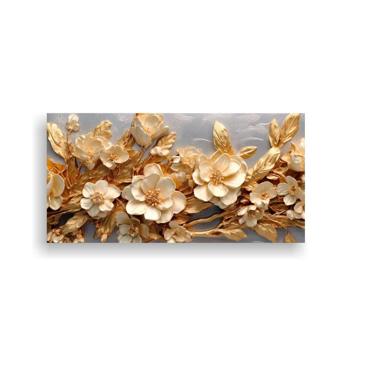 Cuadro flores blancas con hojas doradas en friso floral — imagen principal