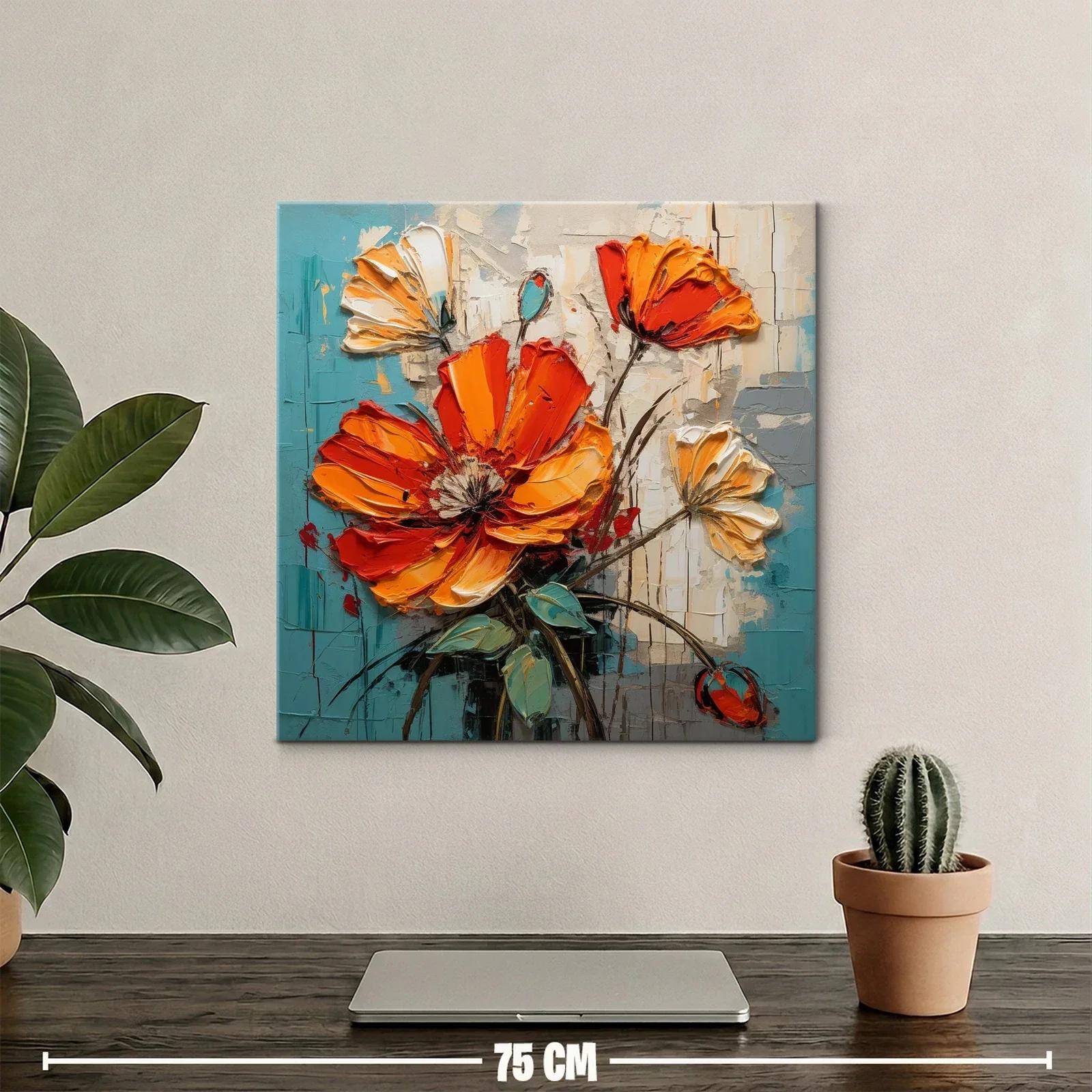Cuadro floral con vibrantes tonos naranja y turquesa — miniatura 2