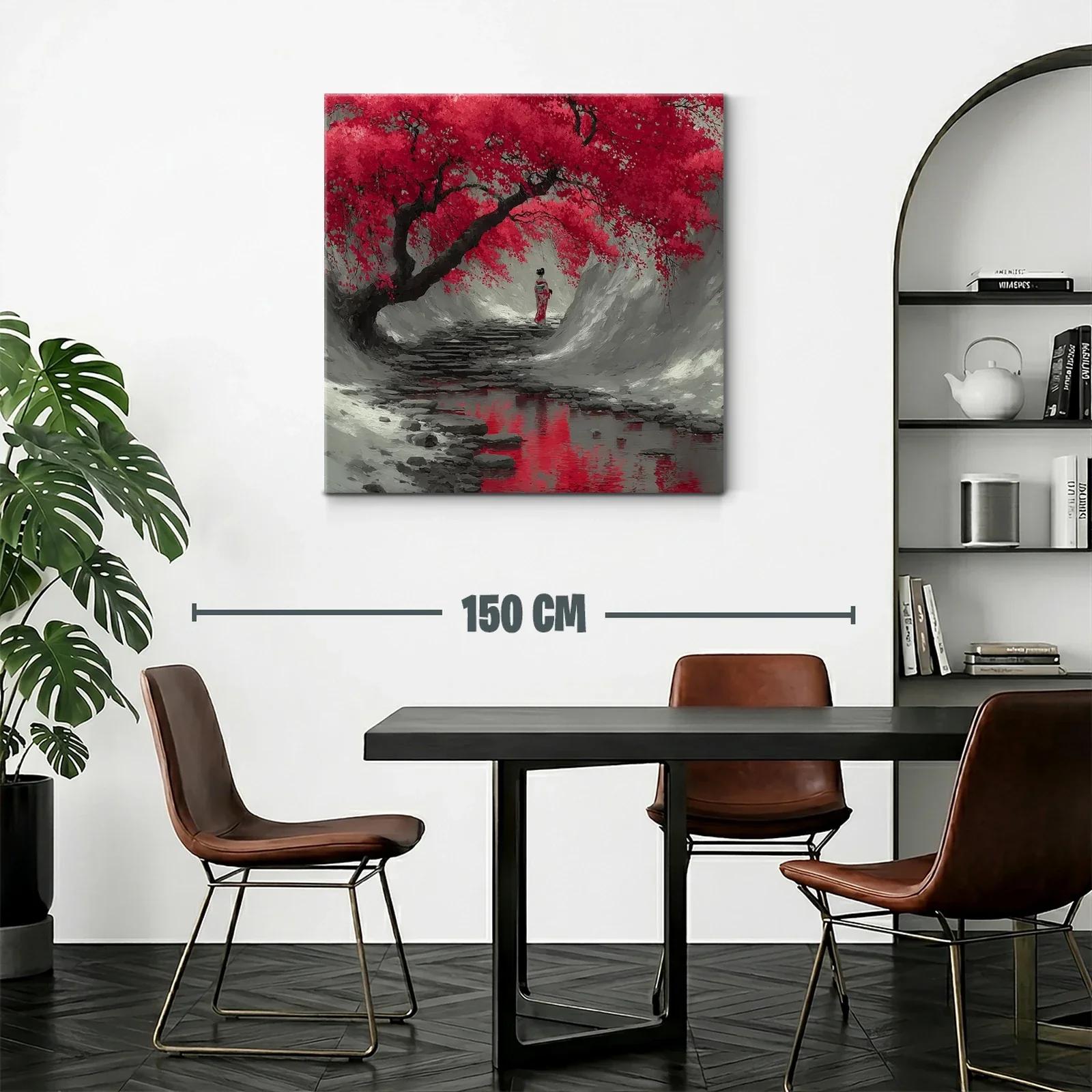 Camino sereno bajo cerezos en flor rojo intenso — miniatura 2