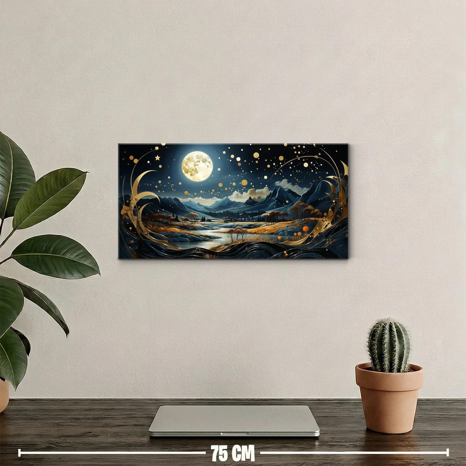 Cuadro paisaje montañoso con luna llena y detalles dorados — miniatura 2