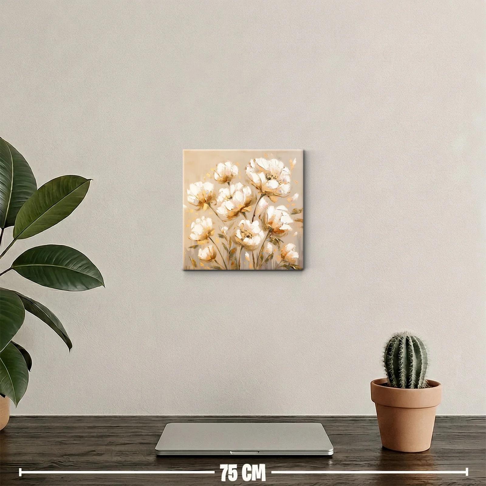 Cuadro decorativo con flores blancas y doradas en tonos cálidos — miniatura 2