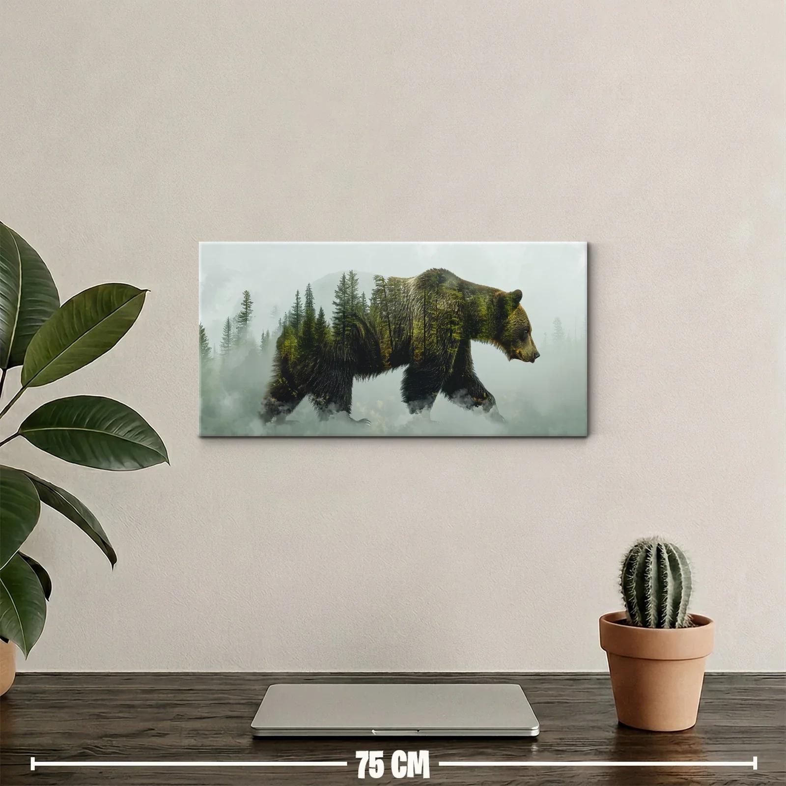 Cuadro oso pardo con bosque y montaña entre niebla — miniatura 2
