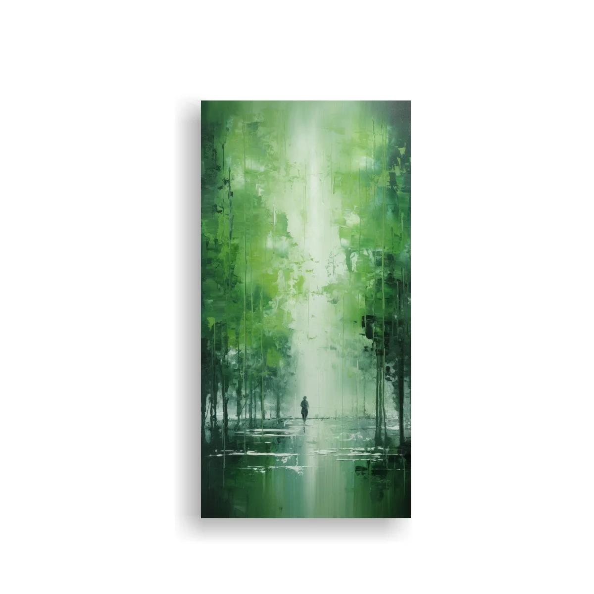 Cuadro bosque verde con figura solitaria y luz blanca verdosa