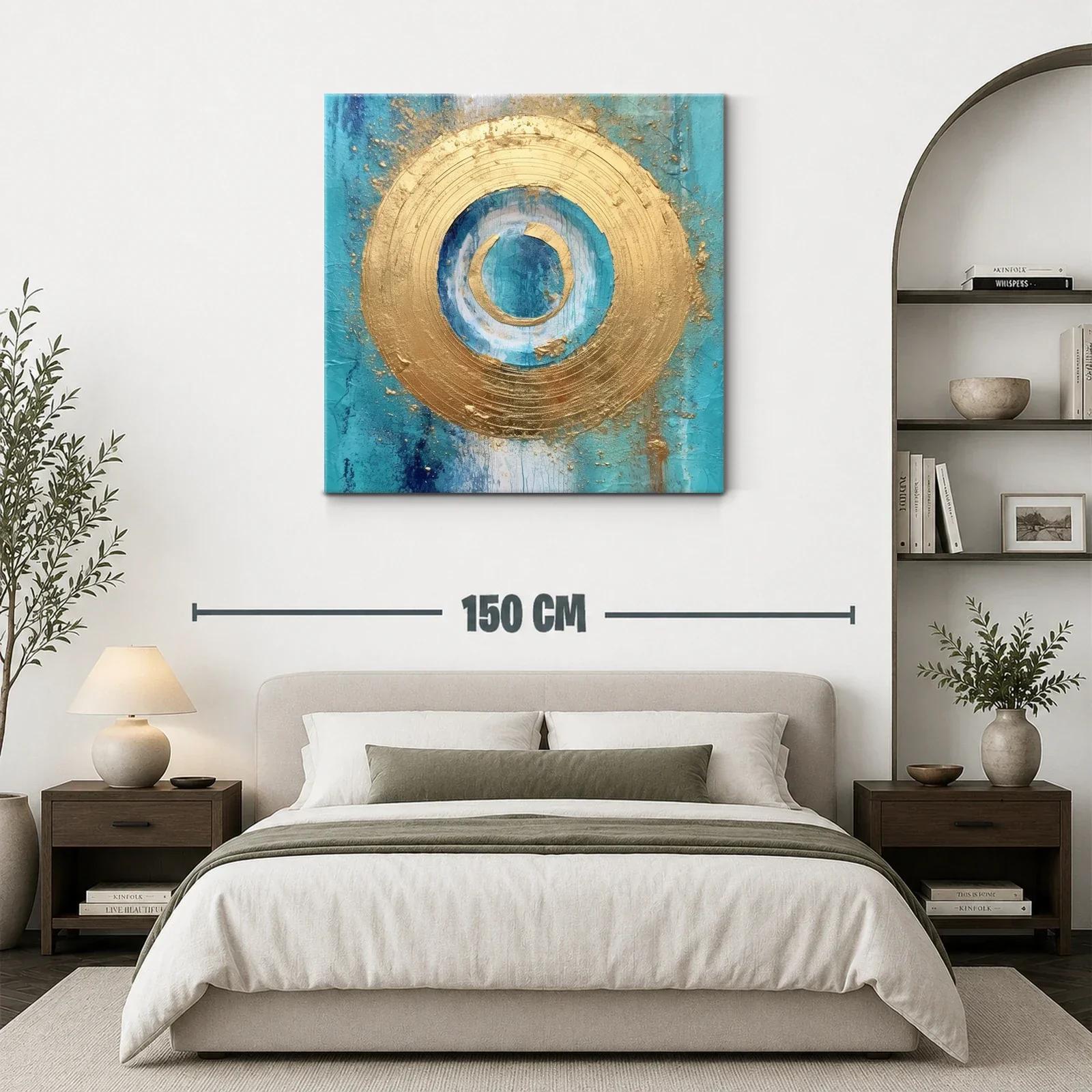 Cuadro abstracto con círculos dorados y fondo turquesa — miniatura 3