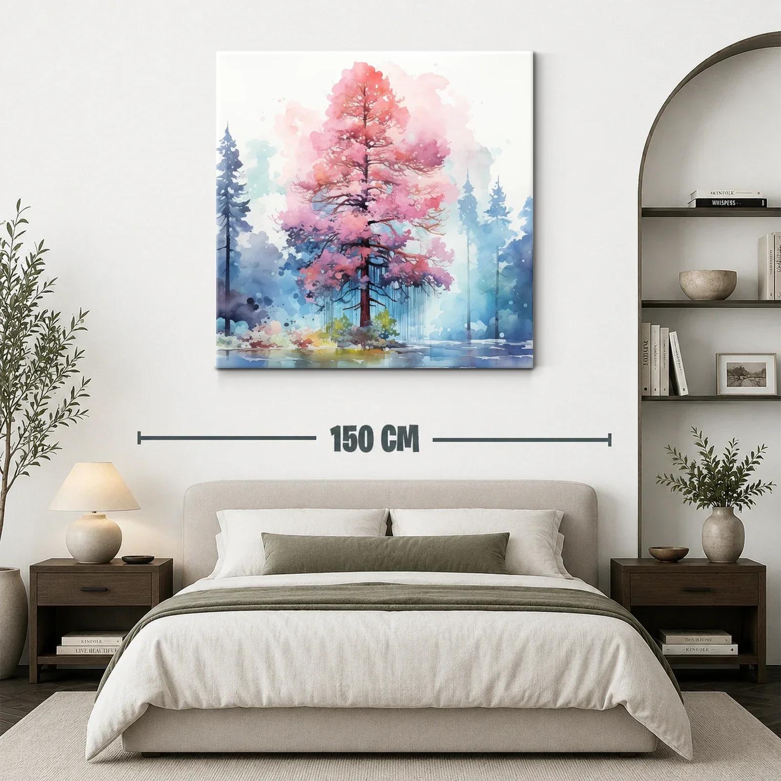 Árbol en tonos rosas vibrantes con fondo de bosque azul — miniatura 3