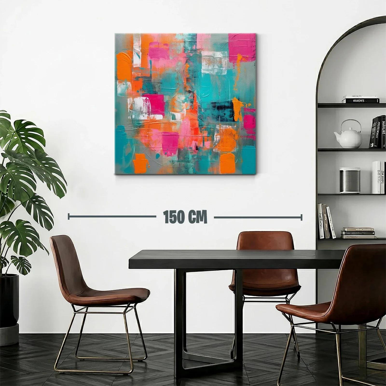 Cuadro abstracto con vibrantes tonos turquesa naranja y rosa — miniatura 2